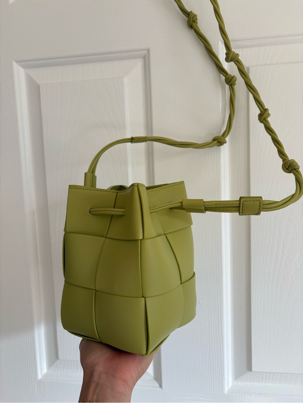 Woven Mini Bucket Bag in Olive Green